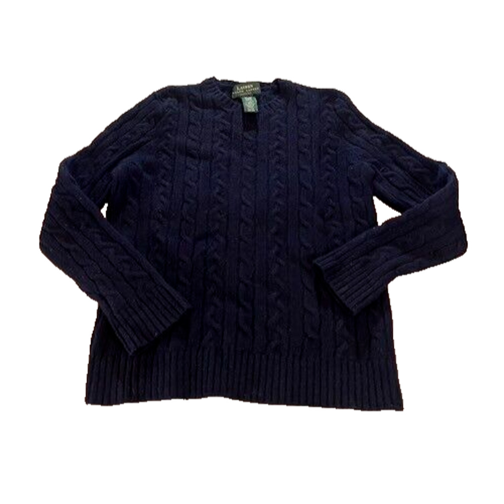 Lauren Ralph Lauren Womens Angora Wool Cashmere Cable Knit Sweater Navy Blue PS